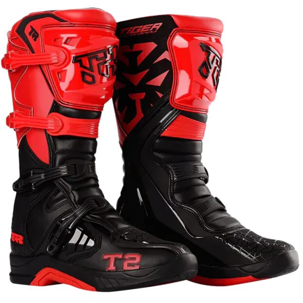 Tiger T2 KID MX-st&oslash;vel for barn, Svart/R&oslash;d med 4 klyper
