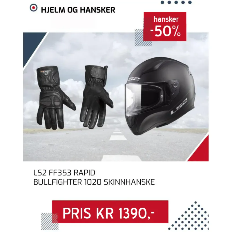 Hjelm og hanske -hjelmpakke Basic med bestselger skinnhansker til halv pris