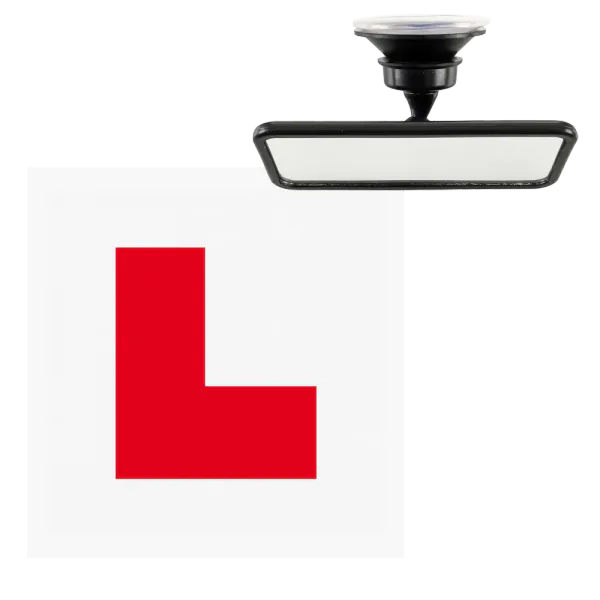 Innvendig speil for &oslash;velskj&oslash;ring, med kraftig sugepropp og L-skilt, pakketilbud. Ryggespeil